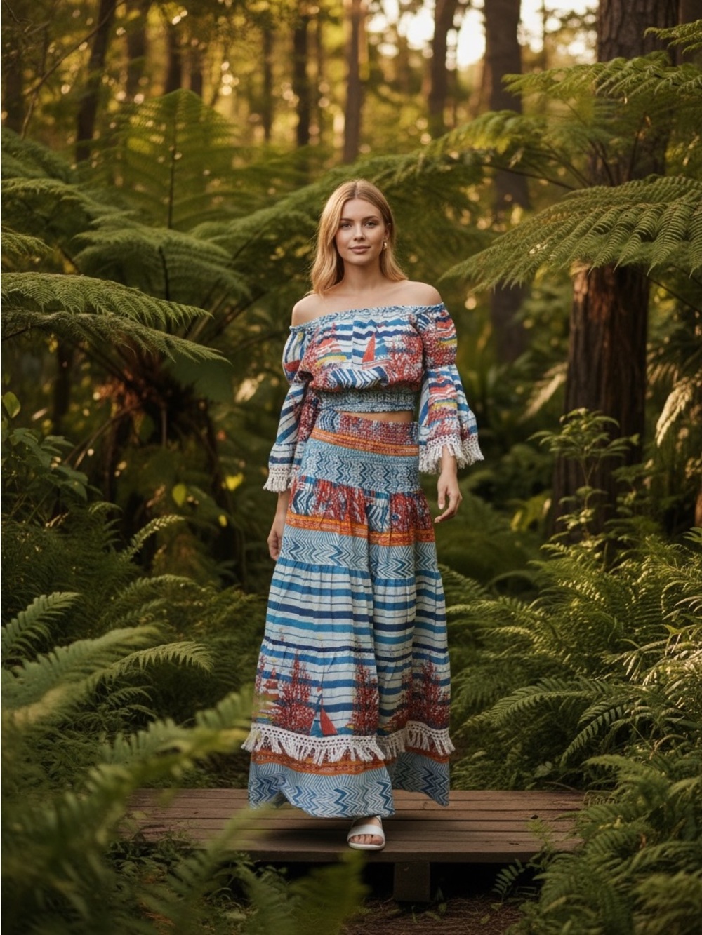 POL 2 piece Striped Tribal Off-Shoulder Maxi Set in Blue and Orange